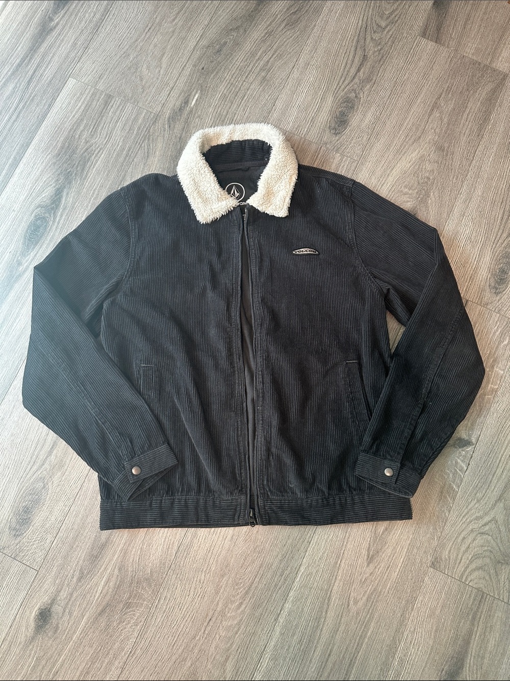 Volcom Black Corduroy Bomber Jacket with Cream Sherpa Collar